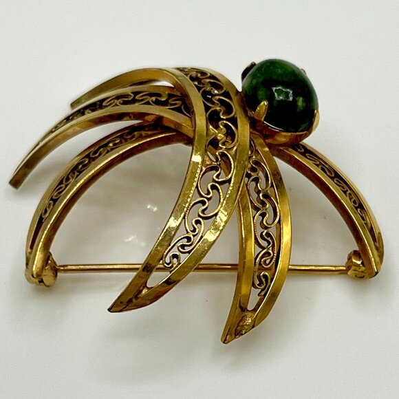 POLCINI Brooch Pin Signed 12K GF Gold Plated Jade Green Stone Filigree Vintage - Picture 12 of 12
